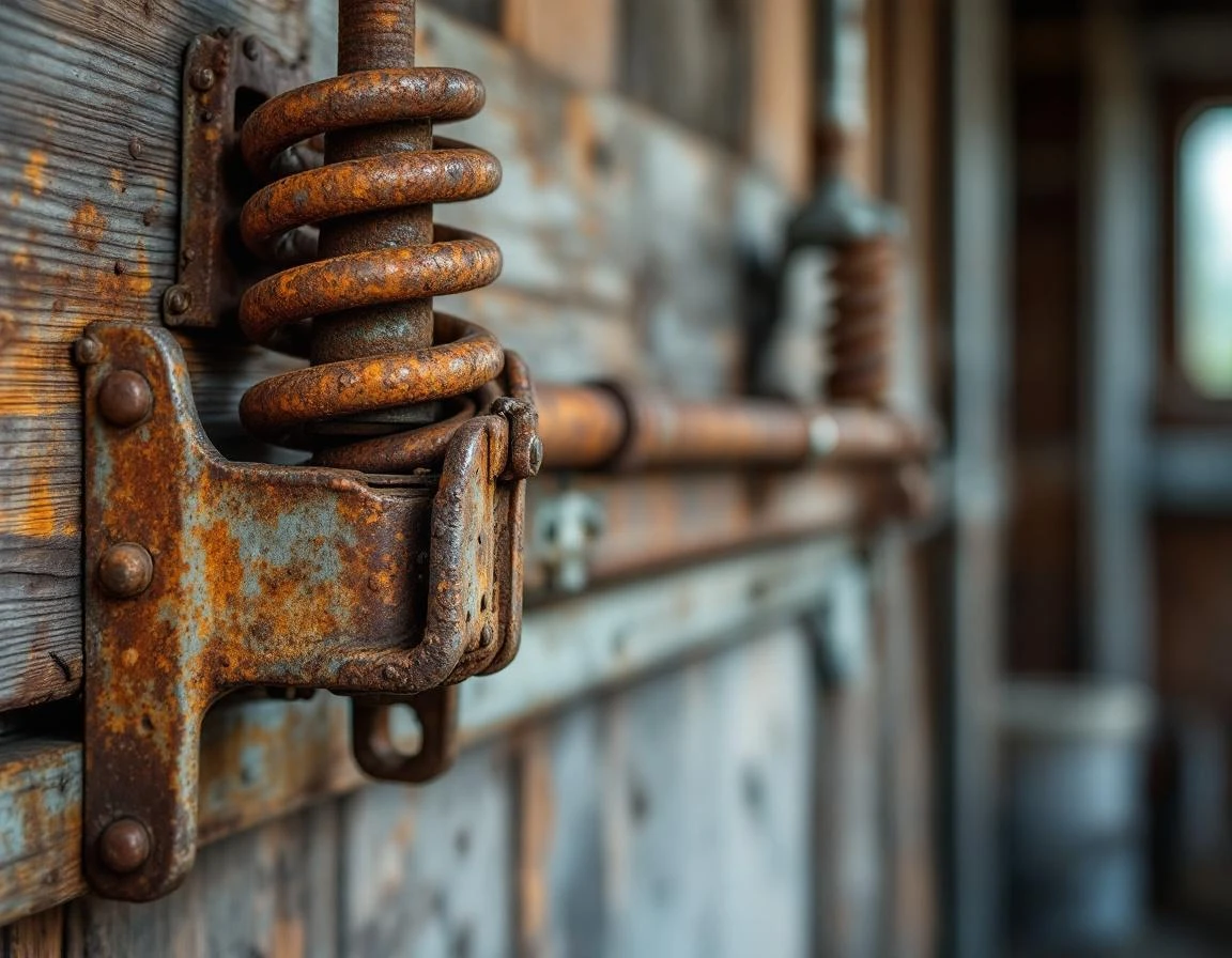 Rusted garage door spring with oxidation buildup and corroded mounting hardware in older detached garage