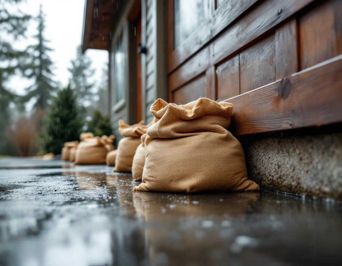 Homeowner stacking sandbags along garage door threshold during Pacific Northwest rainy season flood preparation