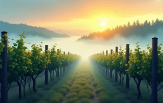 Morning fog settling through vineyard rows in Oregon wine country valley with moisture-laden grapevines