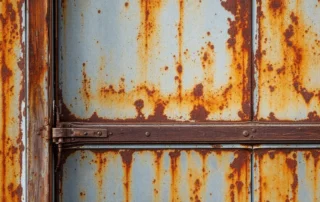 Rust-covered garage door panel showing water damage and corrosion from Longview's heavy rainfall