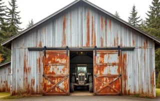 Weathered agricultural barn with heavy sliding doors in rural Clackamas County showing authentic rust and equipment storage
