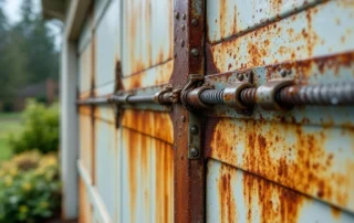 Rust-streaked garage door hardware showing corrosion damage from riverside humidity in Kalama