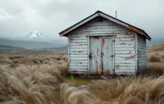 Weathered single-car garage exposed to Columbia Gorge winds with mountains in background