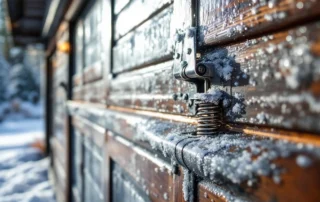 Frost-covered garage door spring and weatherstripping showing stress cracks from freeze-thaw cycles in La Pine
