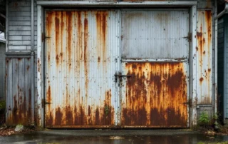 Rusted garage door showing natural corrosion from decades of Pacific Northwest moisture exposure