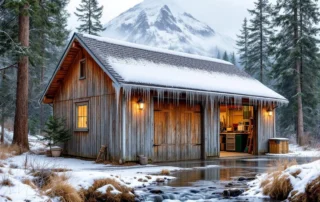 Detached garage in Estacada with ice damage and snow accumulation, Mt. Hood visible in winter background