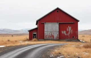 Weathered red barn in Goldendale high desert with snow patches and dry grasslands under winter sky