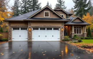 Contemporary Sherwood home with three-car attached garage on overcast fall day