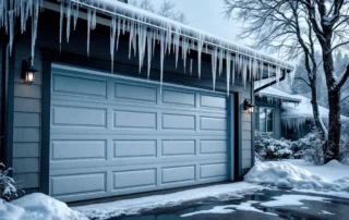 Ice-covered garage door and frozen tracks during Columbia River Gorge winter storm in Stevenson neighborhood