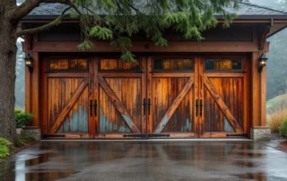 Wine country garage with wooden doors showing moisture damage, rust on hardware, and fog condensation in Yamhill