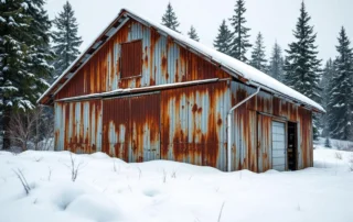 Deteriorated metal outbuilding with heavy snow accumulation in snowy Clark County foothills forest