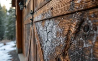 Cracked rustic wood garage door panel showing freeze-thaw damage on Sisters mountain home