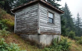 Weathered hillside garage showing foundation settling cracks and age-related structural stress in Oregon City