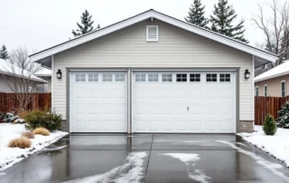 White garage door on Central Oregon home covered in light winter snow showing typical Redmond residential architecture