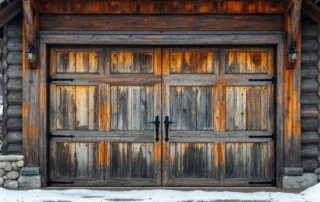 Weathered rustic garage door showing freeze-thaw damage with Three Sisters mountains in background