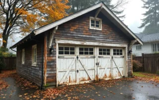 Weathered Craftsman garage showing rust stains, paint peeling, and moisture damage from Tualatin Valley fog exposure