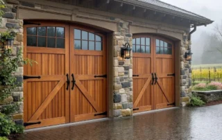 Carriage-style garage doors with moisture beading during Dundee valley fog morning