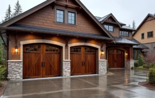 Upscale Camas home with premium carriage-style garage doors featuring decorative hardware and arched windows