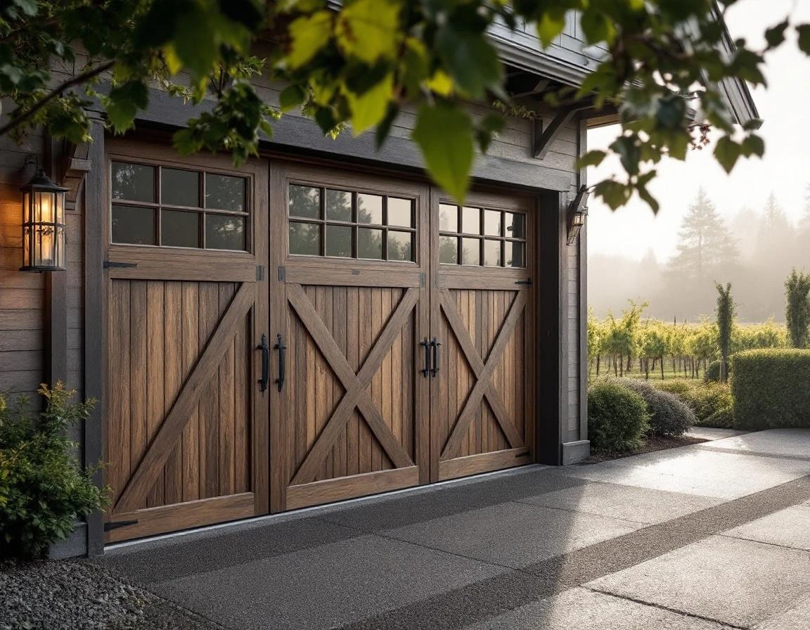 Custom carriage-style garage door on Dundee wine country estate with vineyard backdrop and coastal fog