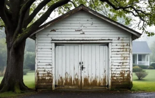 Weathered detached garage with moss growth and peeling paint next to mature oak tree in rural Clackamas County