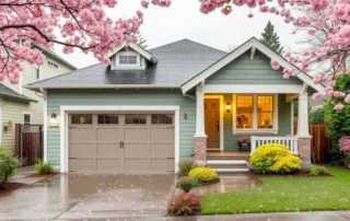 Craftsman home exterior showing coordinated paint colors on siding, trim, and garage door with spring landscaping
