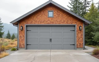 Wind-rated garage door on White Salmon home showing reinforced construction and weathered exterior details