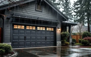 Residential garage door with reinforcement bracing installed during Oregon storm conditions