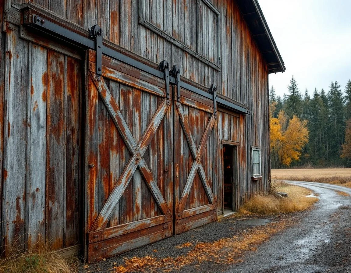 Weathered farm workshop with heavy-duty sliding door and aged steel hardware in rural Clackamas County setting