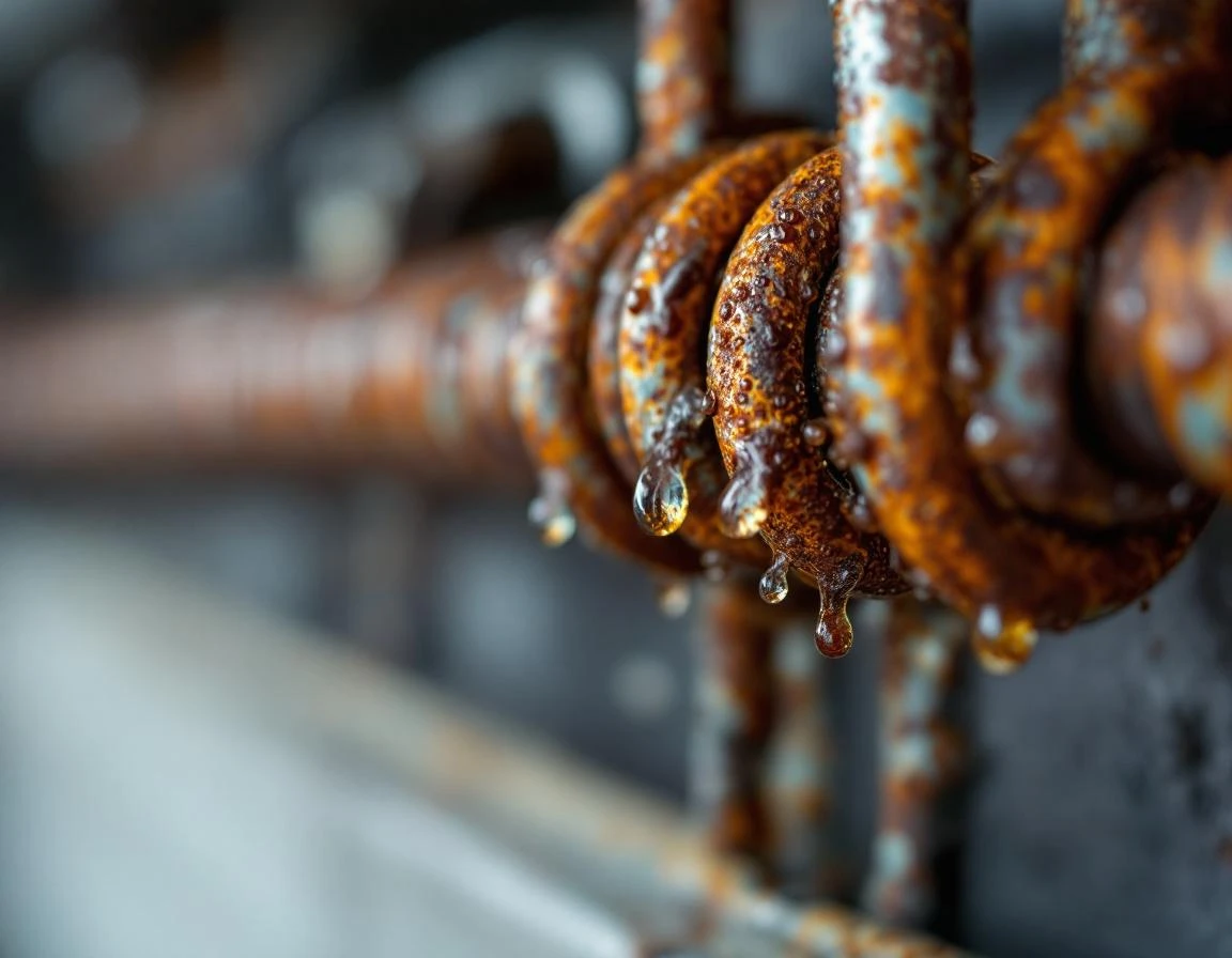 Rust formation and moisture droplets on garage door tension spring showing corrosion from riverside humidity