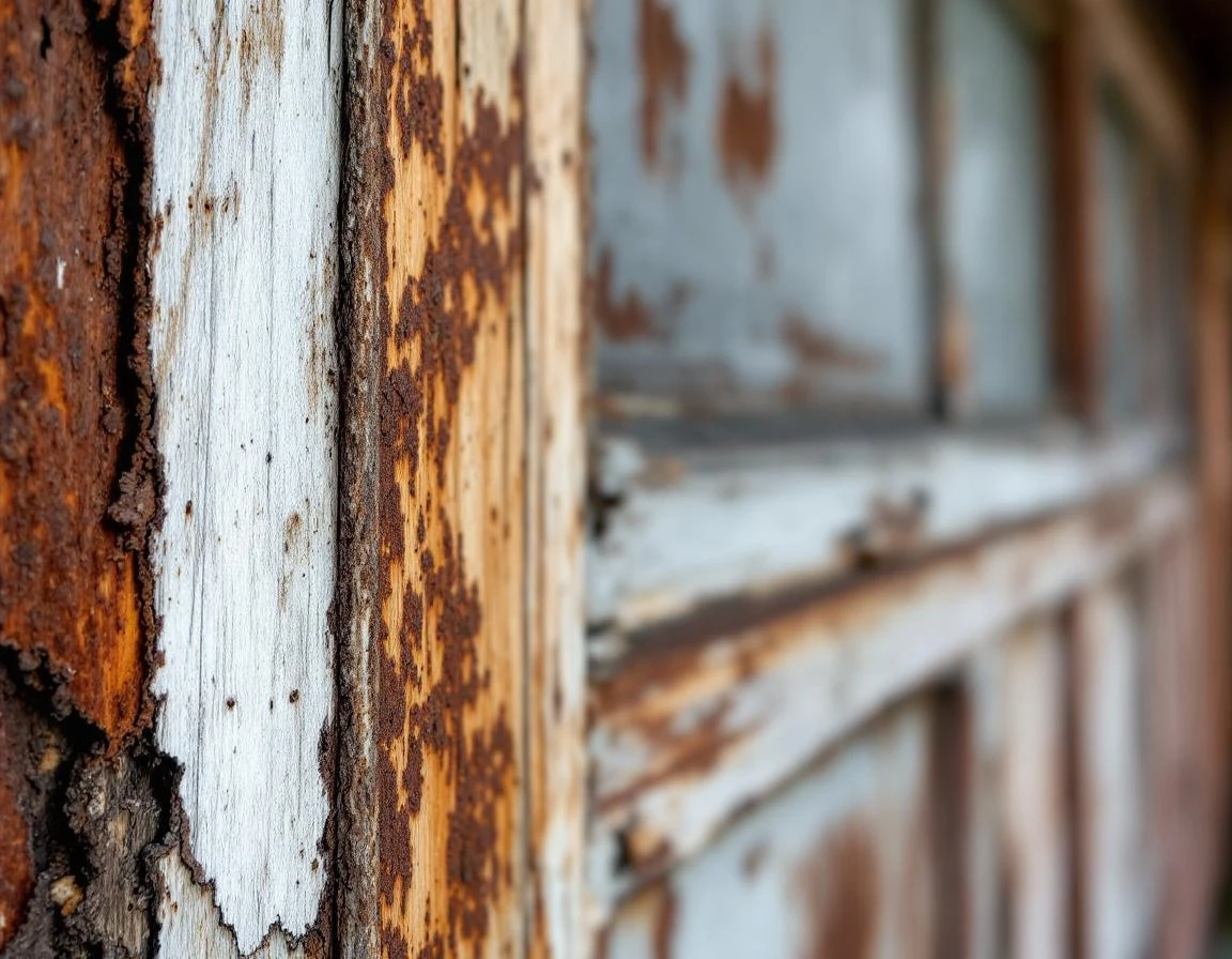 Deteriorated weatherstripping and rust damage on 1920s Longview garage door frame showing moisture infiltration
