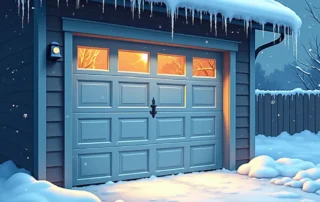 Garage door with frost patterns and icicles showing winter weather impact on residential overhead door system