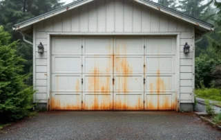 Garage door on manufactured home showing rust damage from coastal moisture in Castle Rock area