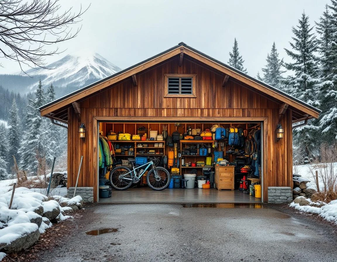 Detached garage in Clackamas County with open door showing organized outdoor recreation equipment storage