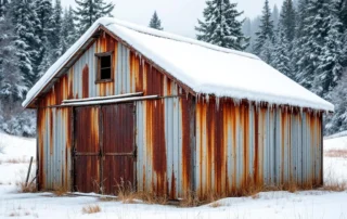Weathered metal farm garage with snow accumulation in Cascade foothills showing rust patina and freeze-thaw effects