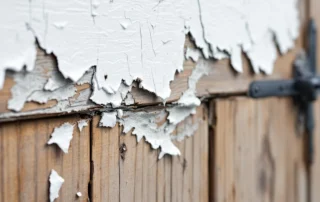 Close-up of peeling paint and exposed wood grain showing freeze-thaw damage on garage door panel
