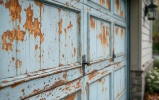 Weathered garage door showing rust and paint deterioration on mid-century home in Pacific Northwest climate