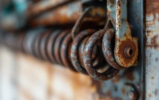 Worn garage door spring with visible stress fractures and corrosion from Central Oregon freeze-thaw cycles