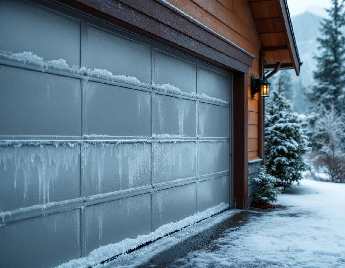 Garage door with ice buildup on tracks and panels during Columbia Gorge winter storm
