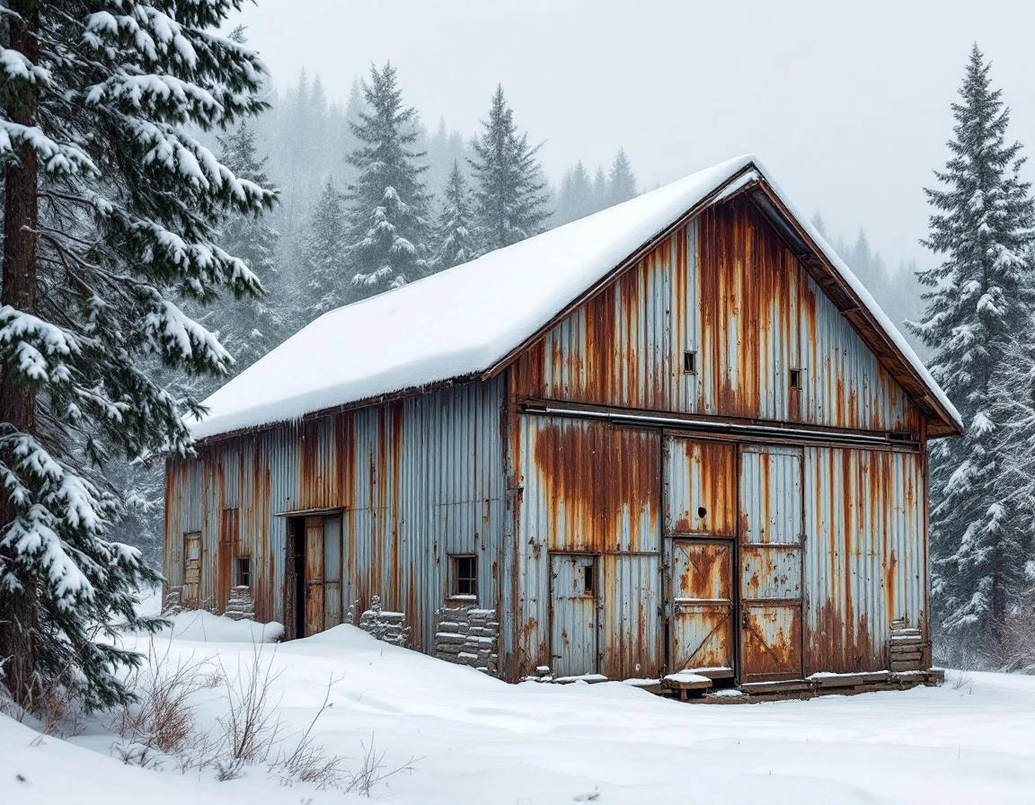 Weathered metal storage building with rust damage and heavy snow accumulation in evergreen forest setting