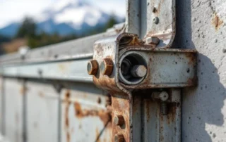Weathered garage door hinge bracket and track showing wind stress damage on concrete wall in Hood River