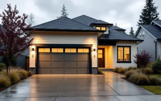 Modern attached two-car garage on European-style home in Villebois with weathered concrete driveway at dusk