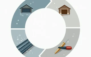 Circular seasonal maintenance flow showing garage weatherproofing tasks for Tualatin's wet winter climate