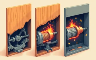 Cross-section view showing warped wood panels, overheated motor, and stressed hardware from extreme heat exposure