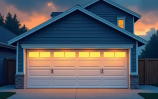 Garage door with protective reinforcements and weather-resistant features shown in cross-section during approaching storm