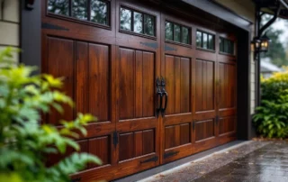 Water beading on custom mahogany carriage garage door showing moisture exposure in spring weather conditions