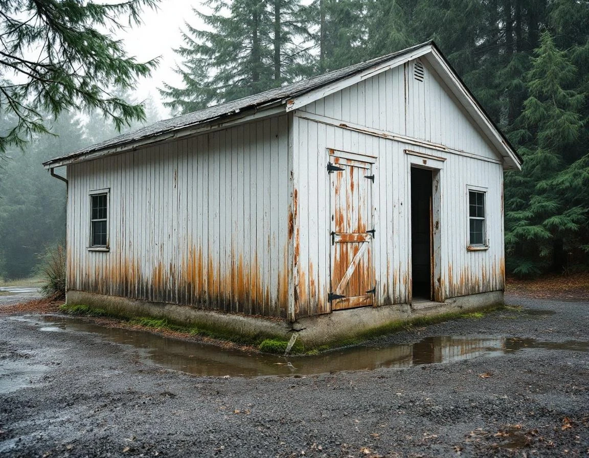 Detached garage in Clackamas County showing foundation moisture damage and debris accumulation during wet season