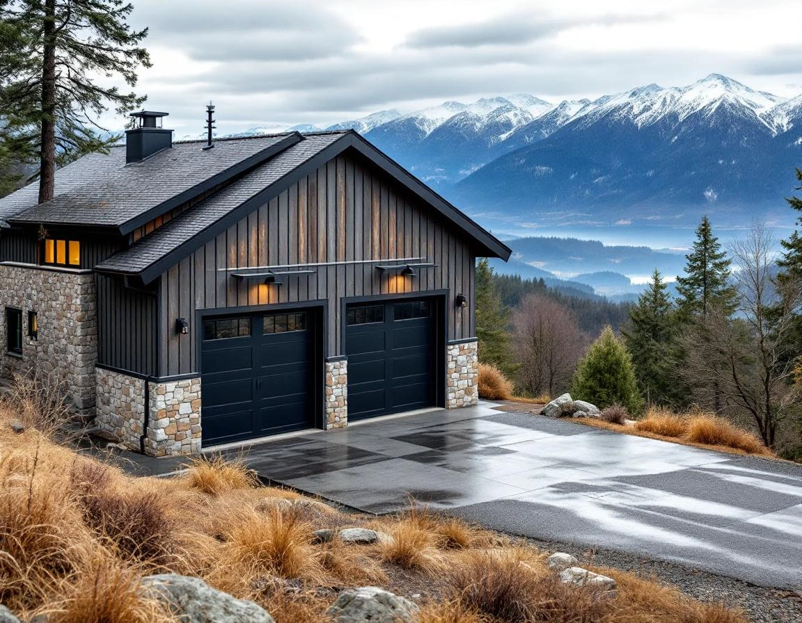 Wind-rated garage door on hillside home overlooking Columbia Gorge valley with mountain backdrop