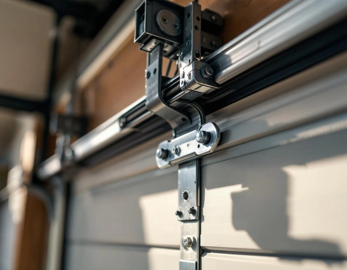 Garage door hardware showing reinforced hinges, track brackets, and weather sealing components in detail