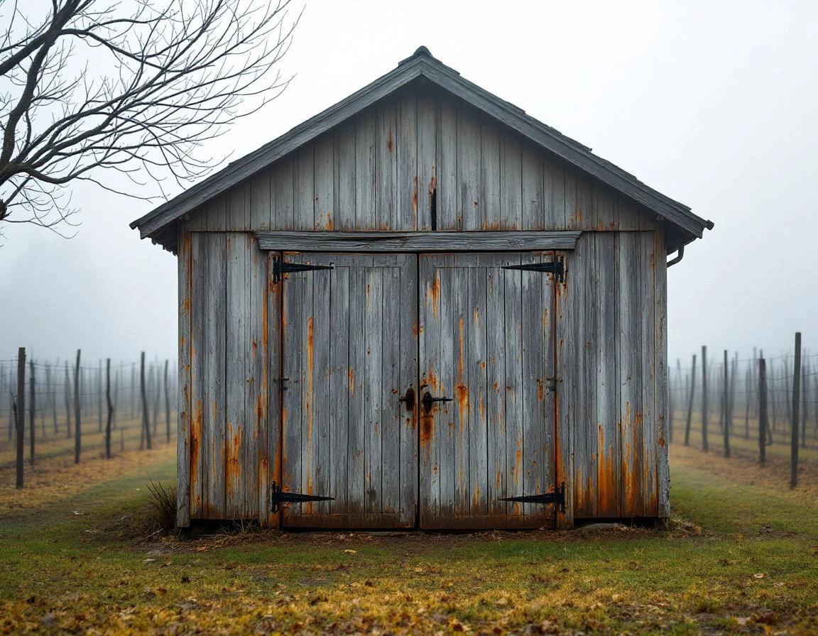 Weathered 1920s detached garage in Dayton wine country showing moisture damage from valley fog