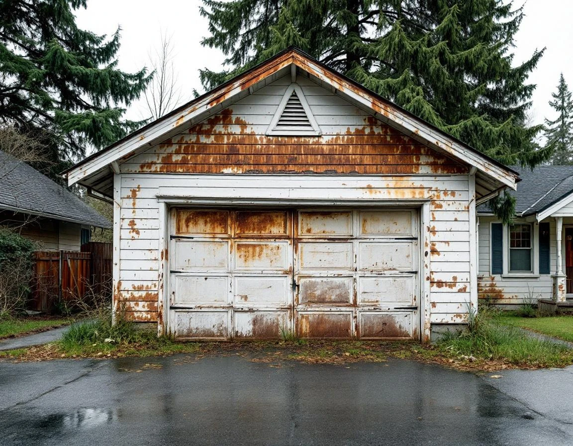 Weathered 1920s garage showing rust stains, paint deterioration, and moisture damage from Pacific Northwest rainfall